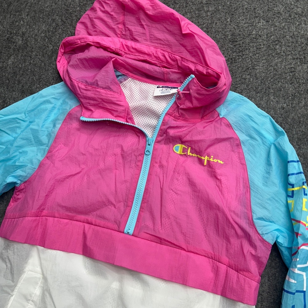 Champion Colorblock Hooded Windbreaker Jacket Small Pink Blue White Retro Gorp‎